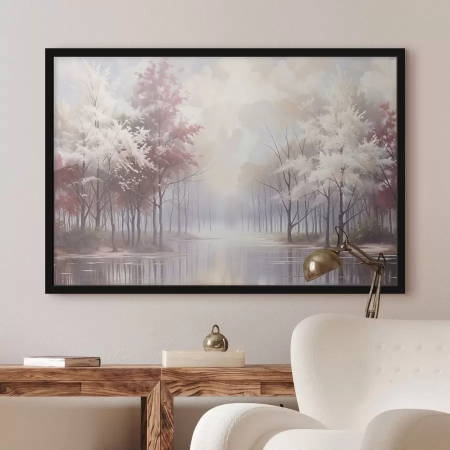 murales de pared Un paisaje sereno con un bosque brumoso, árboles desnudos y un lago tranquilo que refleja los suaves tonos rosas y blancos f41720