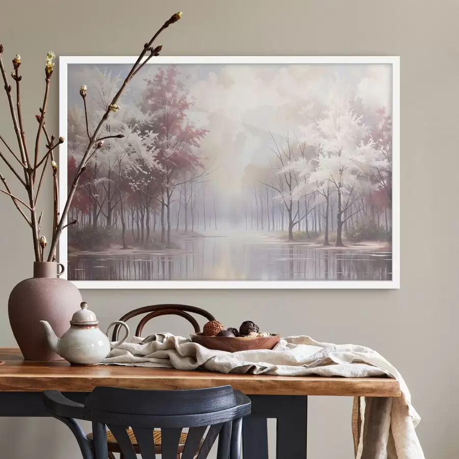 murales de pared Un paisaje sereno con un bosque brumoso, árboles desnudos y un lago tranquilo que refleja los suaves tonos rosas y blancos f41720