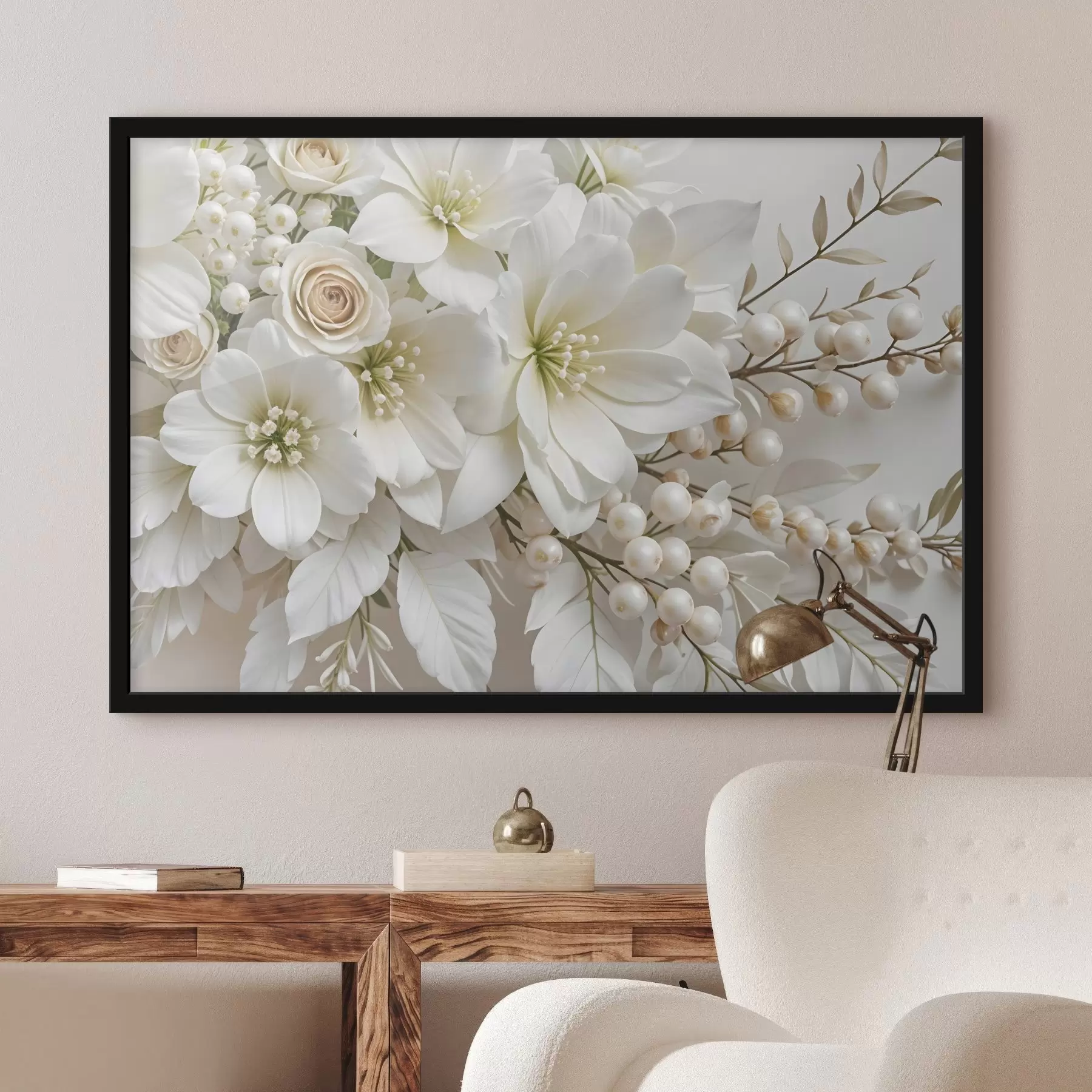 murales de pared Delicadas flores blancas, como lirios, rosas y otras flores con pétalos suaves y aterciopelados f41722