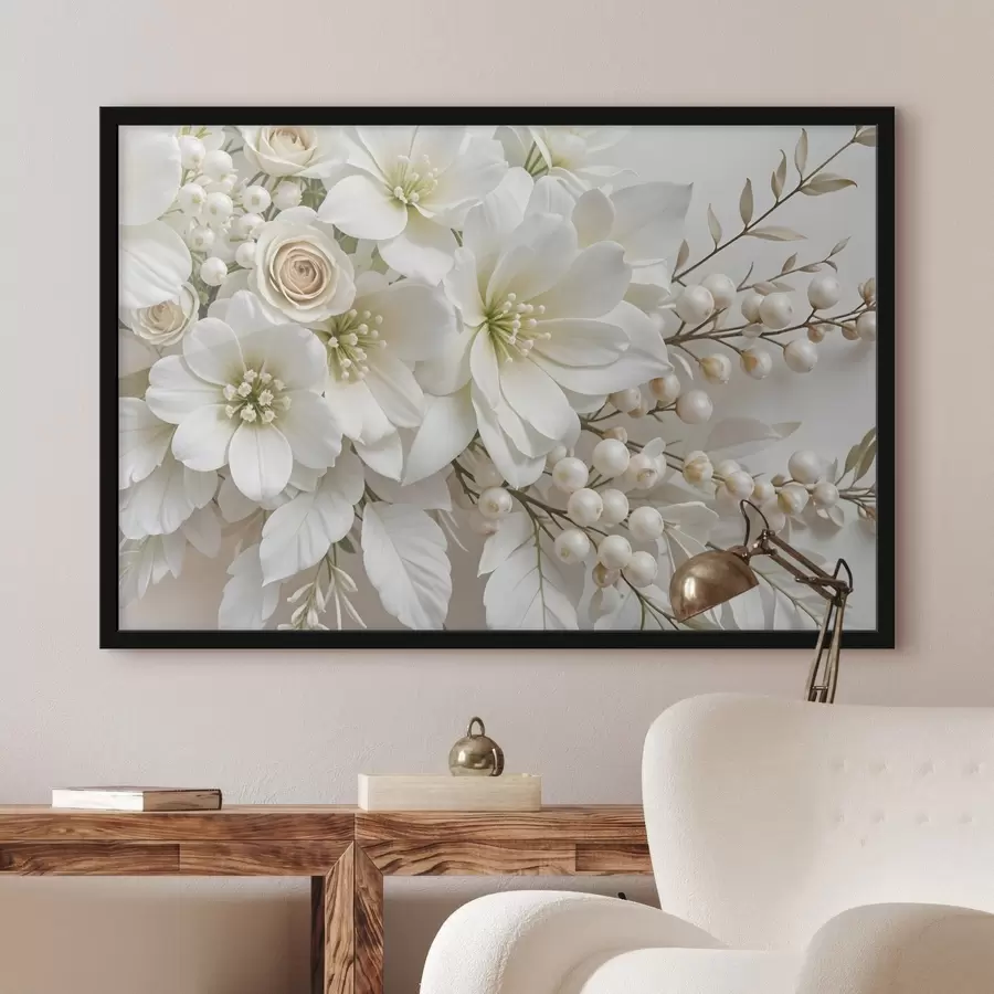 murales de pared Delicadas flores blancas, como lirios, rosas y otras flores con pétalos suaves y aterciopelados f41722