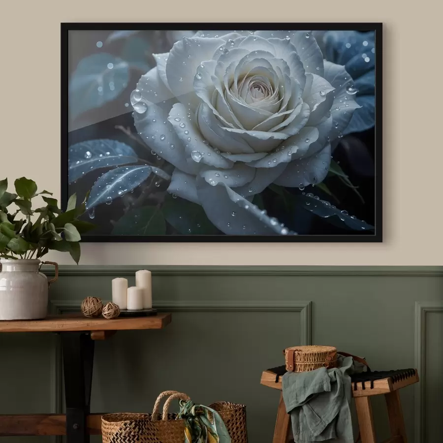murales de pared Primer plano de una rosa blanca con gotas de agua en sus pétalos, sobre un fondo oscuro f41723
