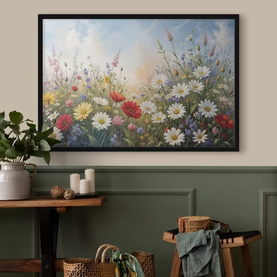 murales de pared Un campo de coloridas flores silvestres que incluye margaritas, amapolas y otras plantas en flor contra un cielo azul f41725