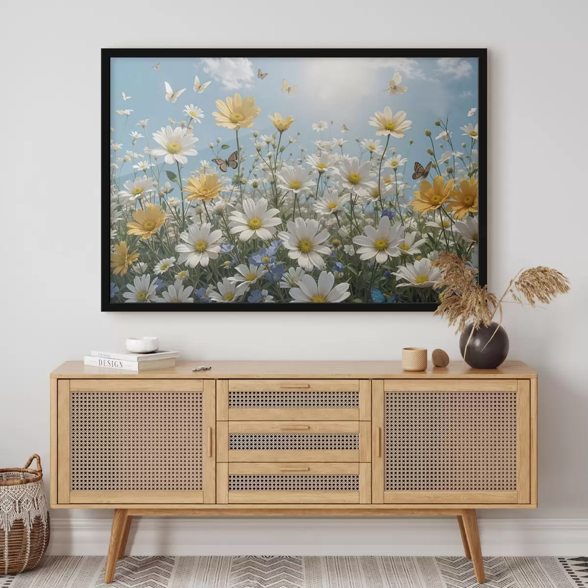 Poster Un campo de margaritas blancas y amarillas sobre un cielo azul con esponjosas nubes blancas y mariposas volando por encima f41726