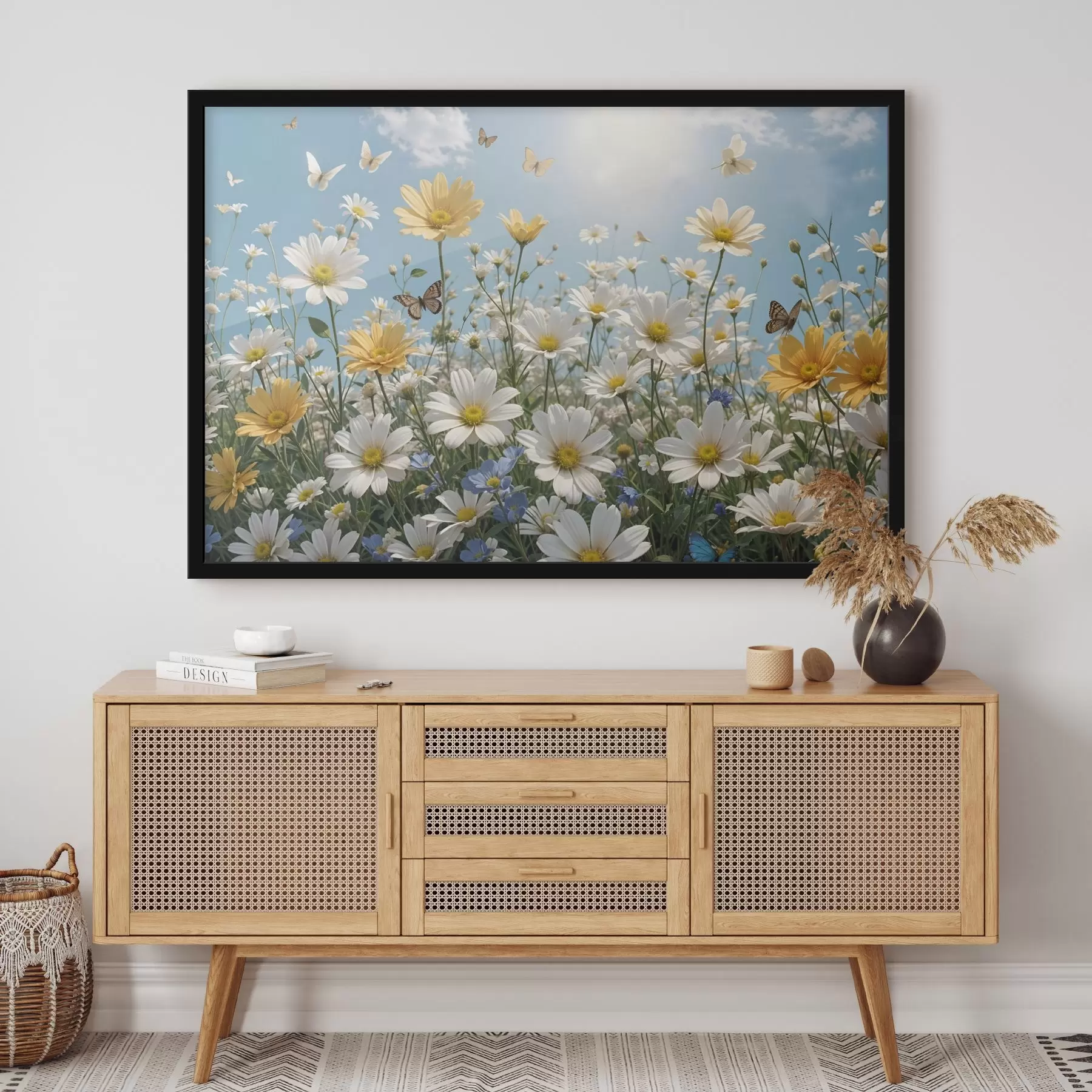 murales de pared Un campo de margaritas blancas y amarillas sobre un cielo azul con esponjosas nubes blancas y mariposas volando por encima f41726