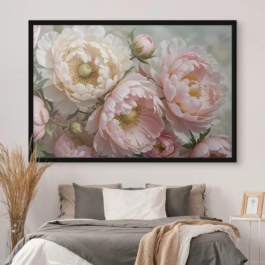 murales de pared Varias flores de peonía grandes y exuberantes con delicados pétalos en tonos rosa y blanco f41729