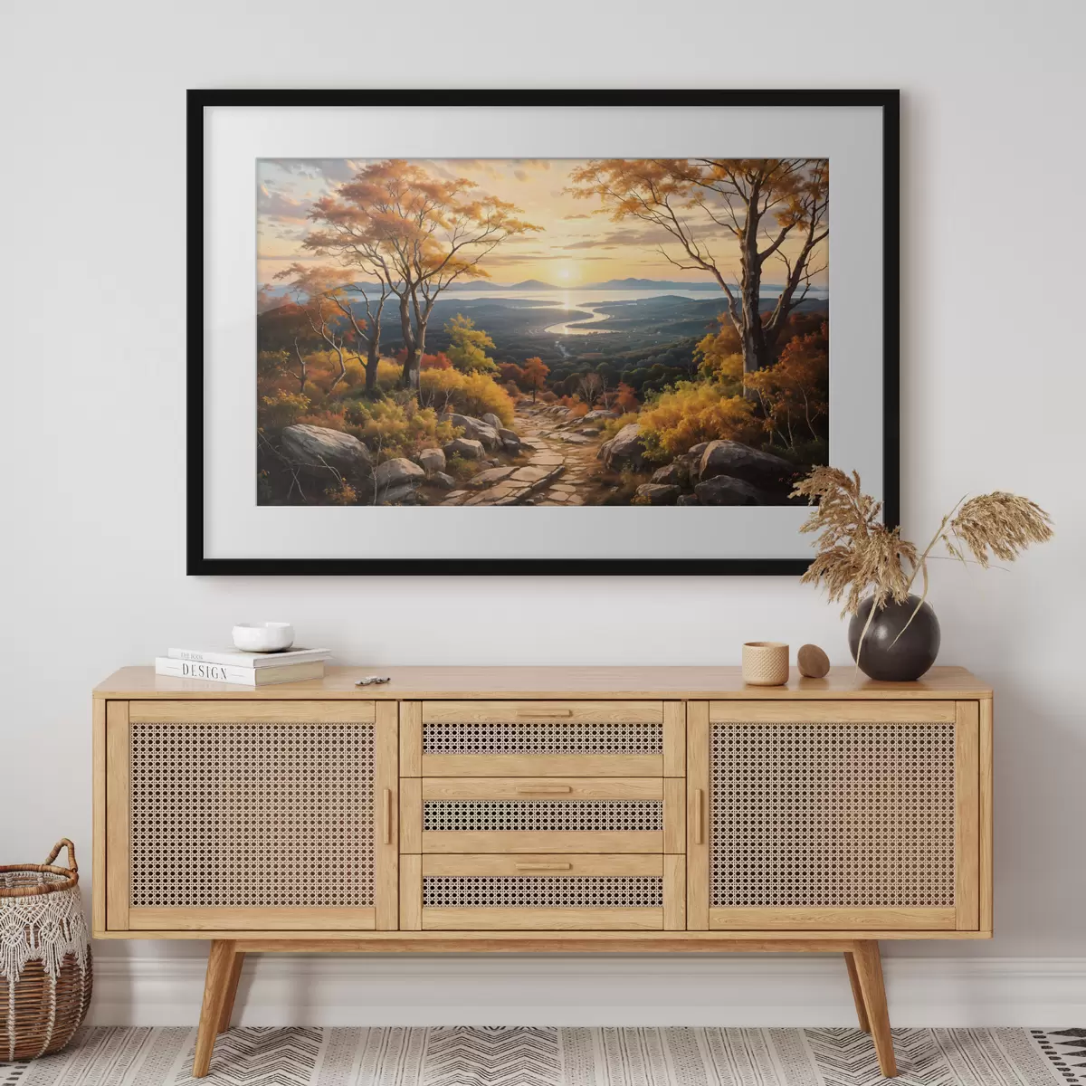 Poster Paisaje con un sinuoso camino de tierra que atraviesa un bosque de árboles de colores otoñales y un cielo al atardecer f41732