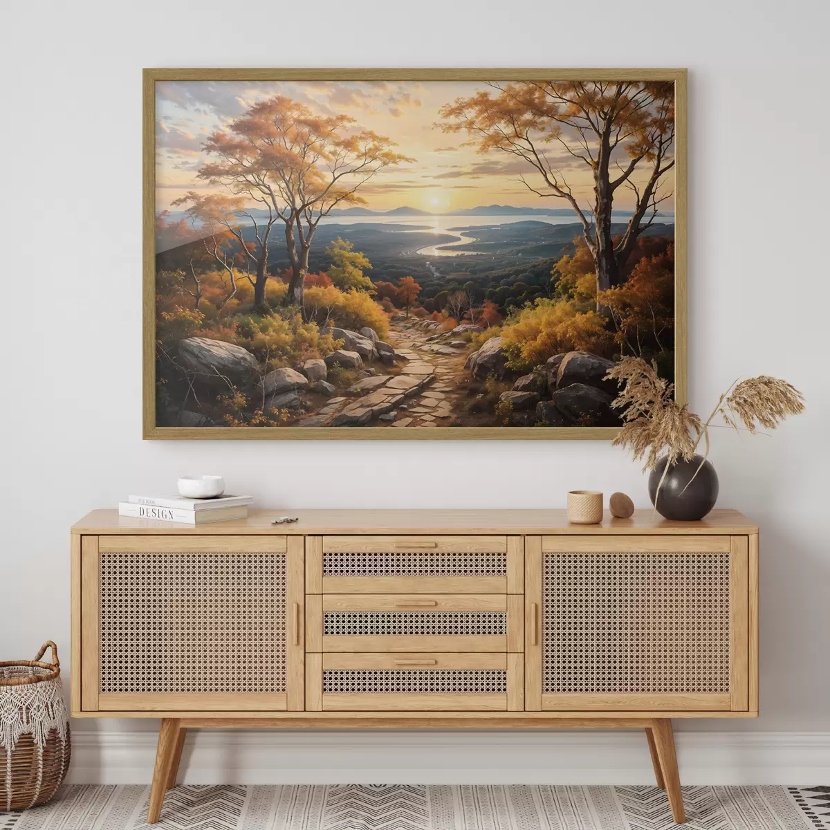Poster Paisaje con un sinuoso camino de tierra que atraviesa un bosque de árboles de colores otoñales y un cielo al atardecer f41732