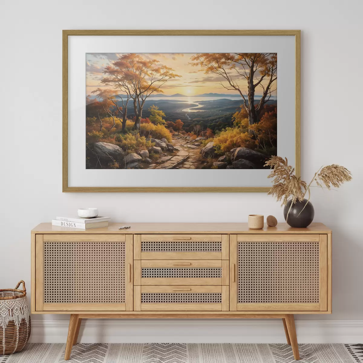 Poster Paisaje con un sinuoso camino de tierra que atraviesa un bosque de árboles de colores otoñales y un cielo al atardecer f41732