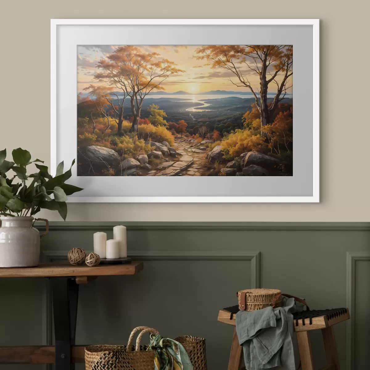 Poster Paisaje con un sinuoso camino de tierra que atraviesa un bosque de árboles de colores otoñales y un cielo al atardecer f41732