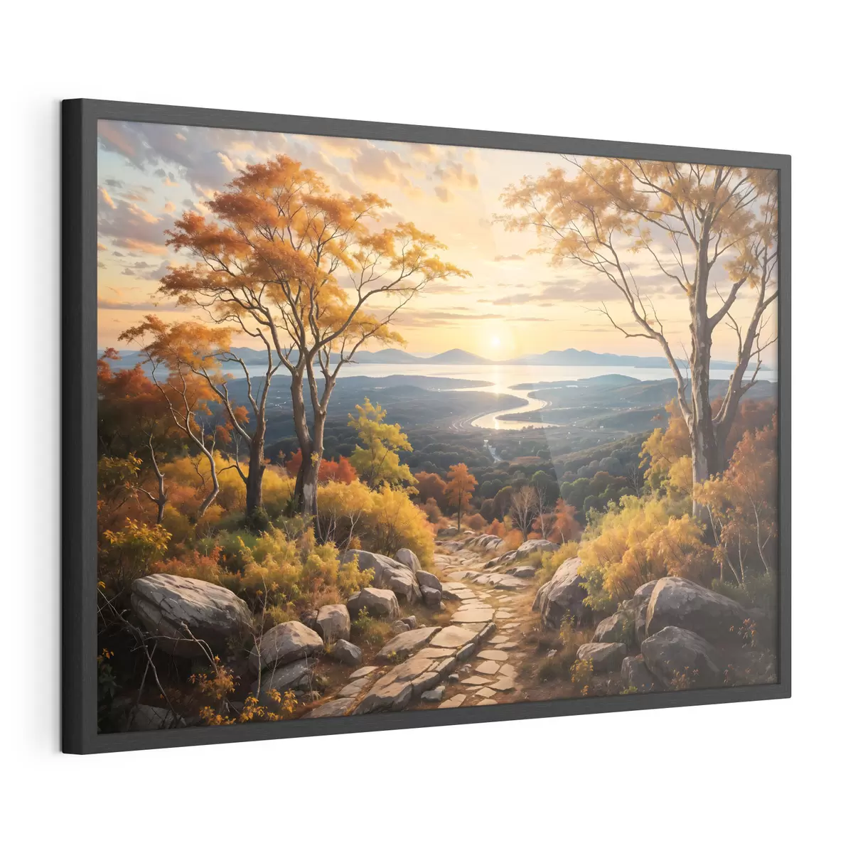 Poster Paisaje con un sinuoso camino de tierra que atraviesa un bosque de árboles de colores otoñales y un cielo al atardecer f41732