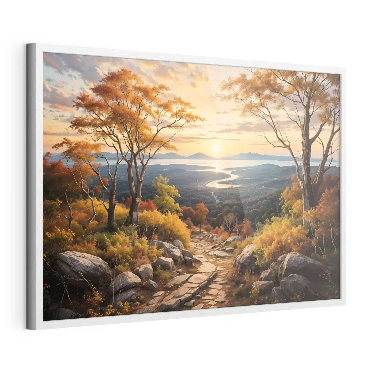 Poster Paisaje con un sinuoso camino de tierra que atraviesa un bosque de árboles de colores otoñales y un cielo al atardecer f41732