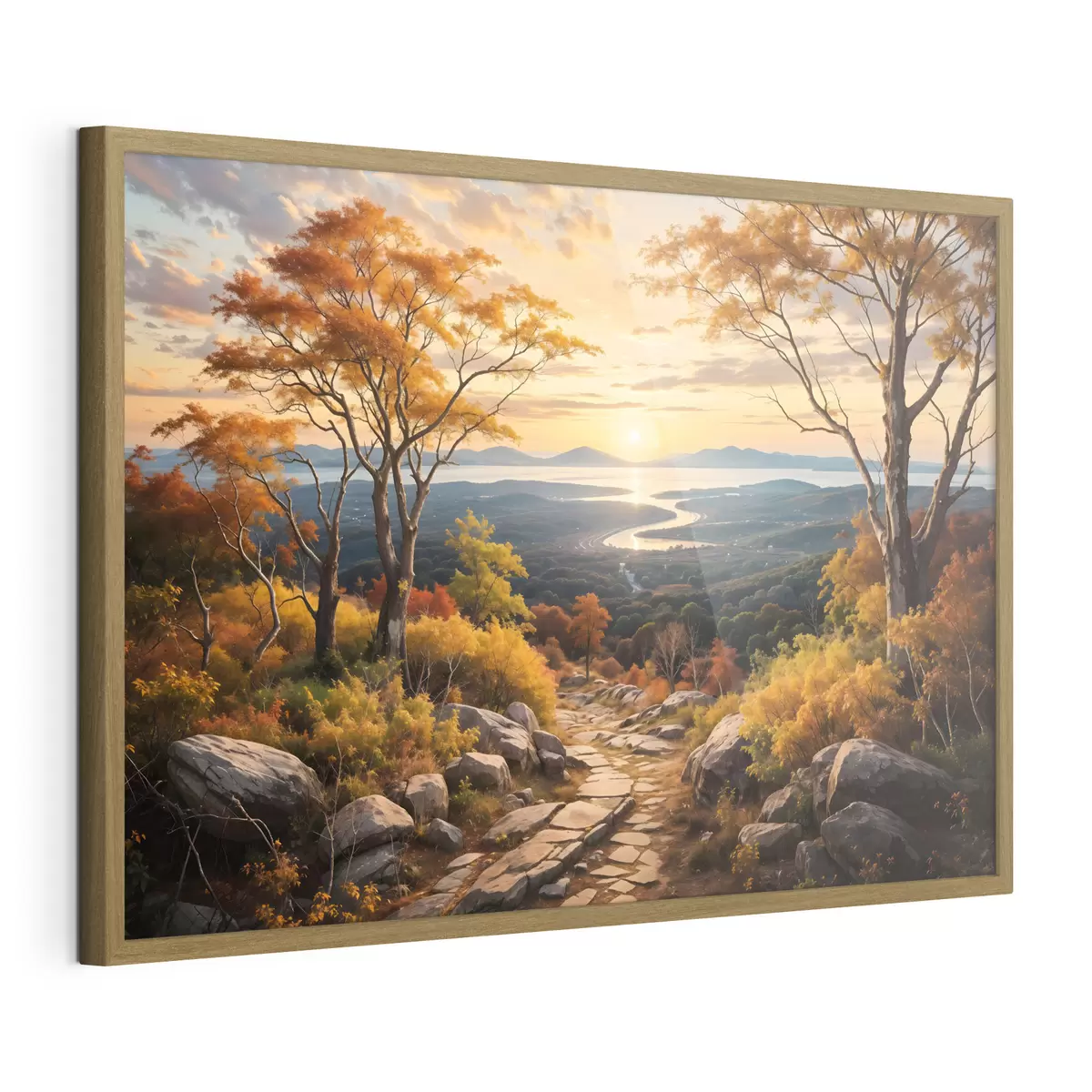 Poster Paisaje con un sinuoso camino de tierra que atraviesa un bosque de árboles de colores otoñales y un cielo al atardecer f41732