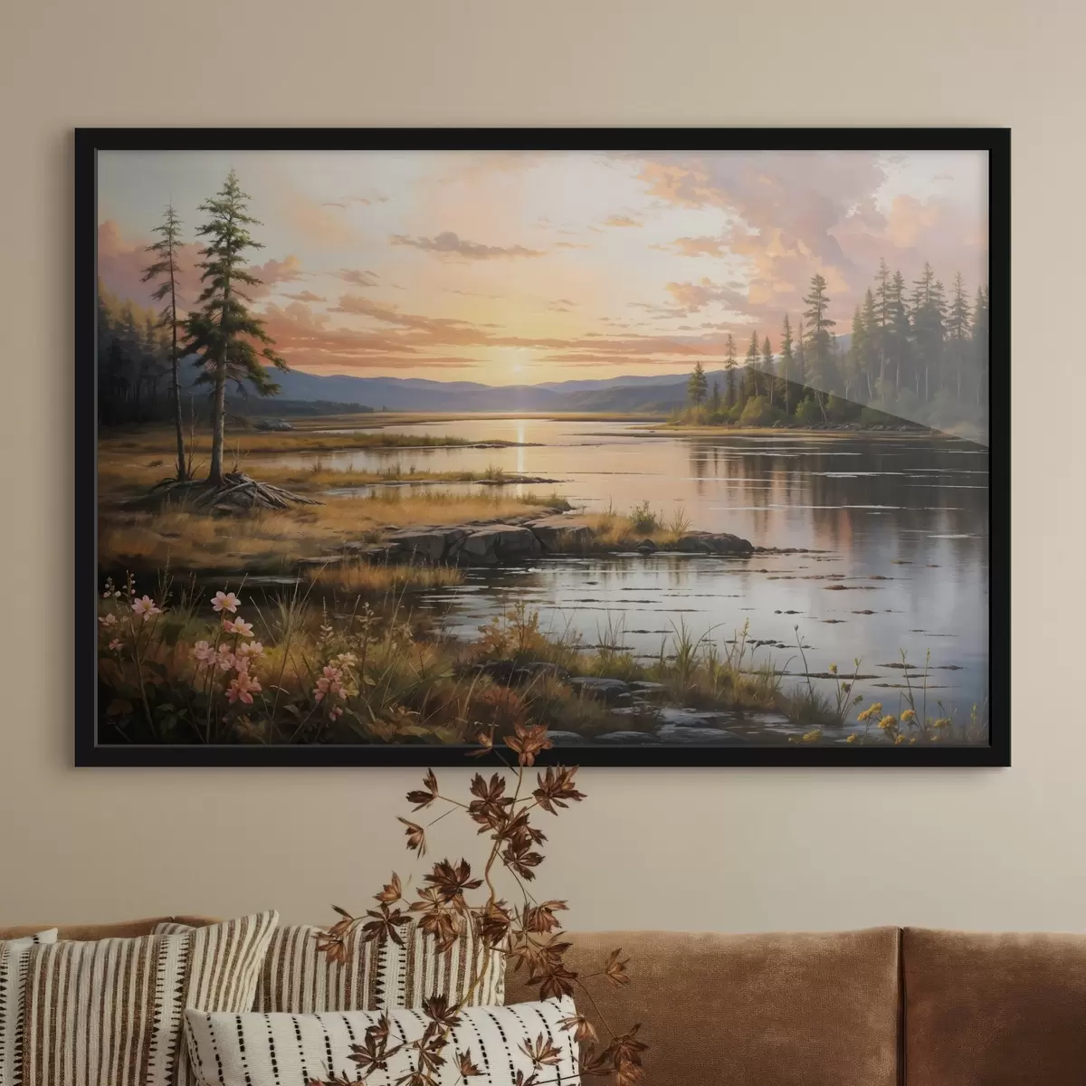 Poster Un paisaje sereno con un lago rodeado de pinos, que refleja los cálidos colores del cielo al atardecer f41733