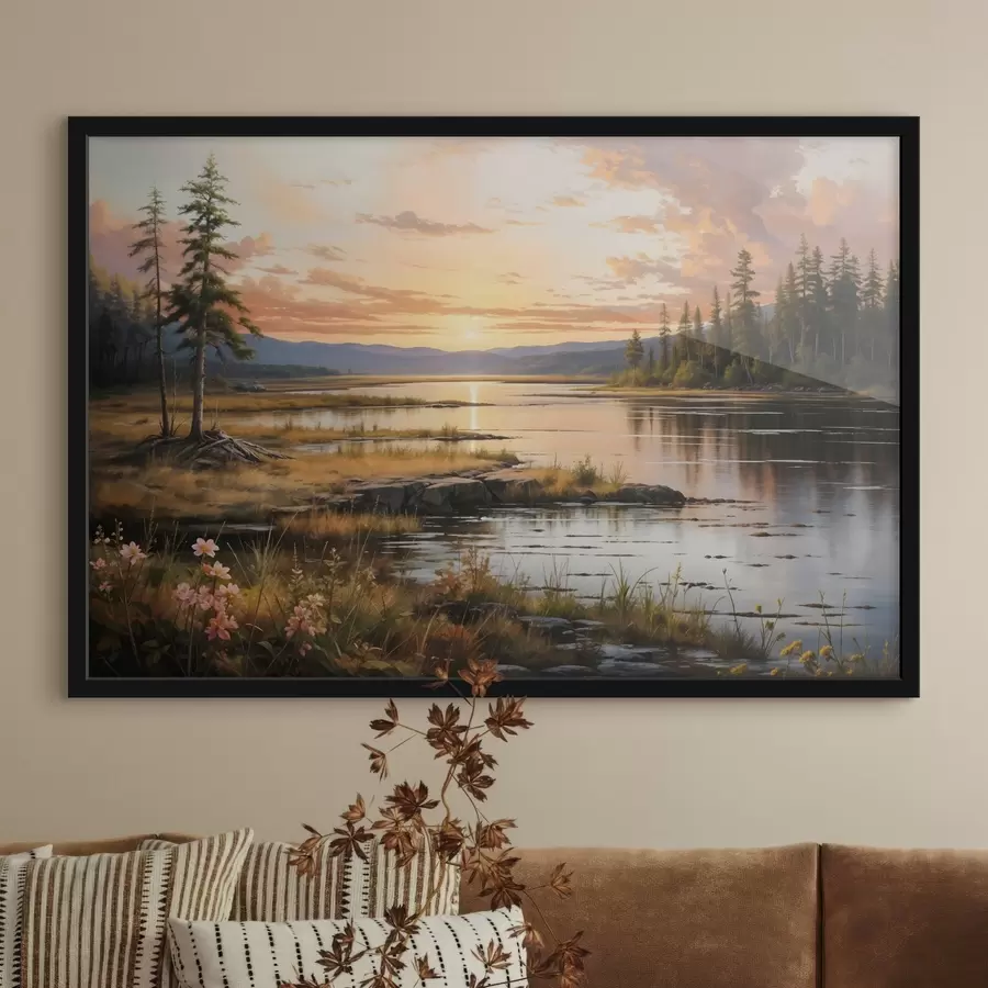 murales de pared Un paisaje sereno con un lago rodeado de pinos, que refleja los cálidos colores del cielo al atardecer f41733