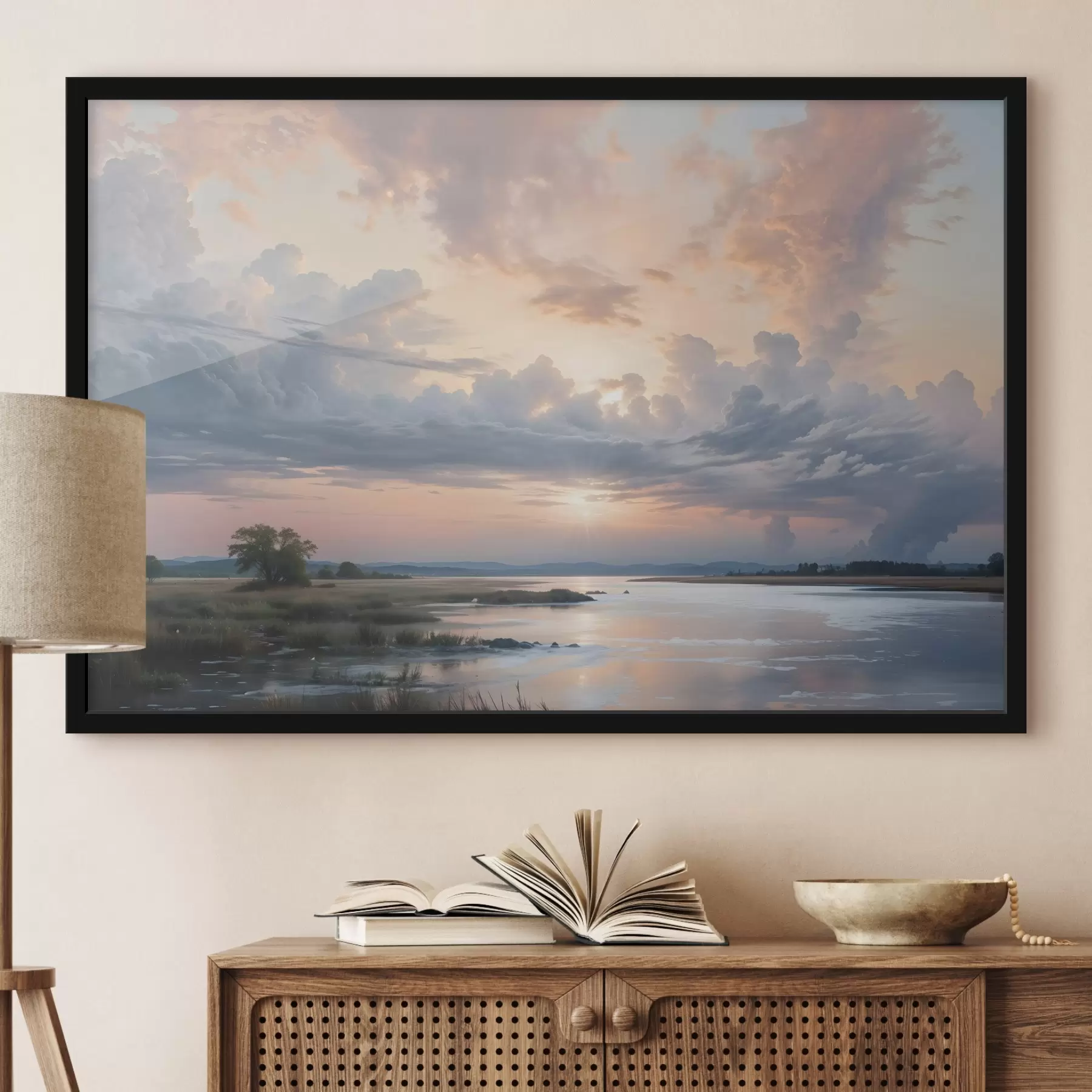 murales de pared Un sereno paisaje de colores pastel con un tranquilo lago que refleja el colorido cielo al atardecer f41734
