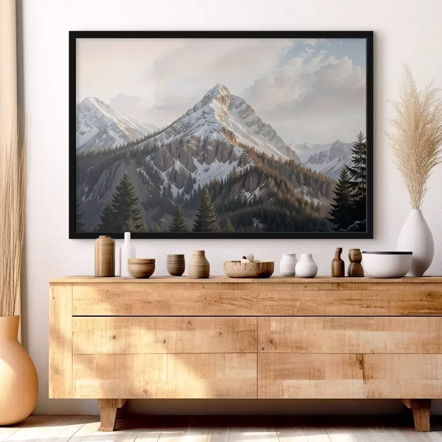 murales de pared Un pico nevado que se eleva sobre un paisaje boscoso, con pinos en primer plano f41736