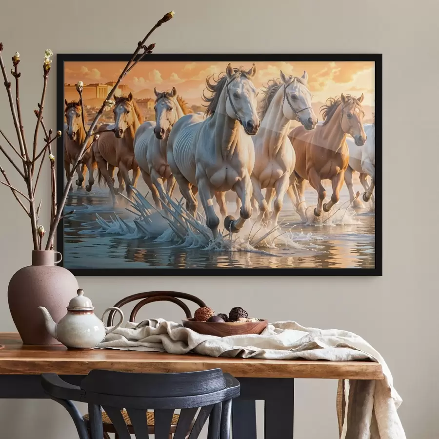 murales de pared Una manada de caballos blancos corriendo por aguas poco profundas, con un cielo anaranjado de fondo f41740