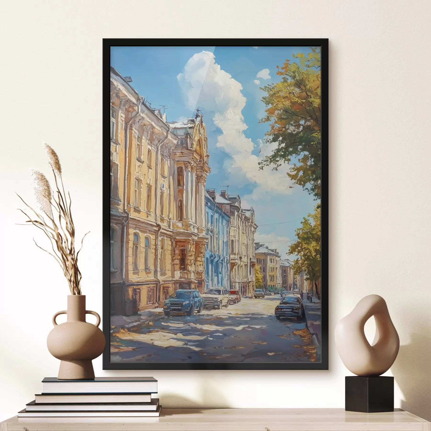 murales de pared Calle de la ciudad en un día soleado, al estilo de la pintura al óleo f41751