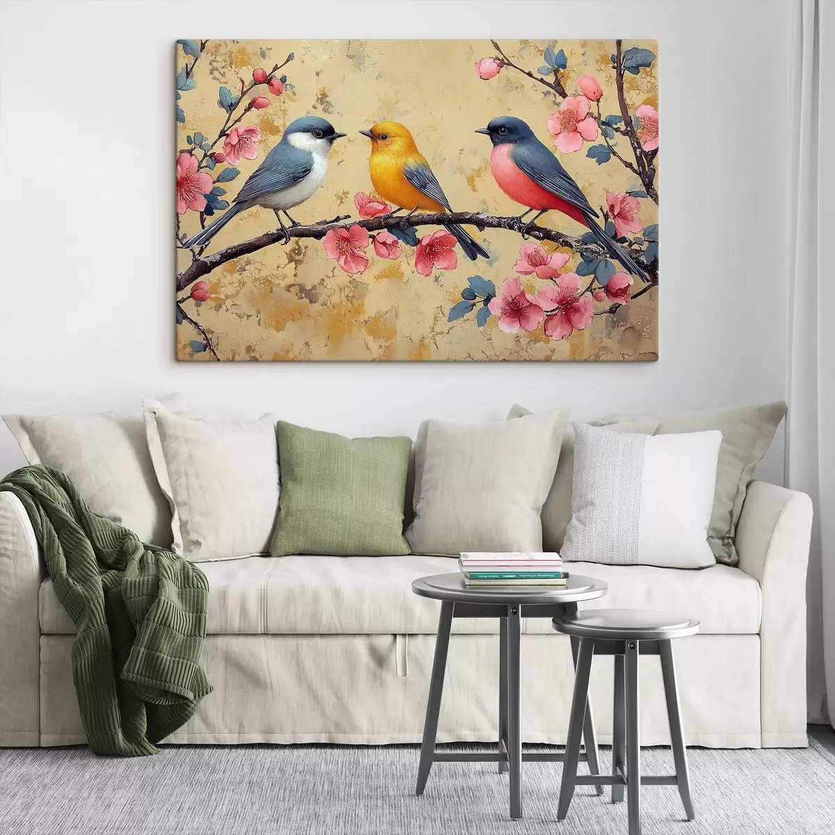 murales de pared Gorriones en una rama de sakura al estilo de la pintura al óleo s41835