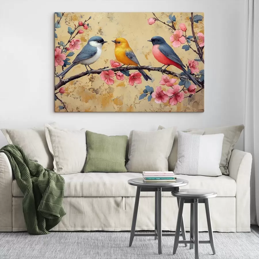 murales de pared Gorriones en una rama de sakura al estilo de la pintura al óleo s41835