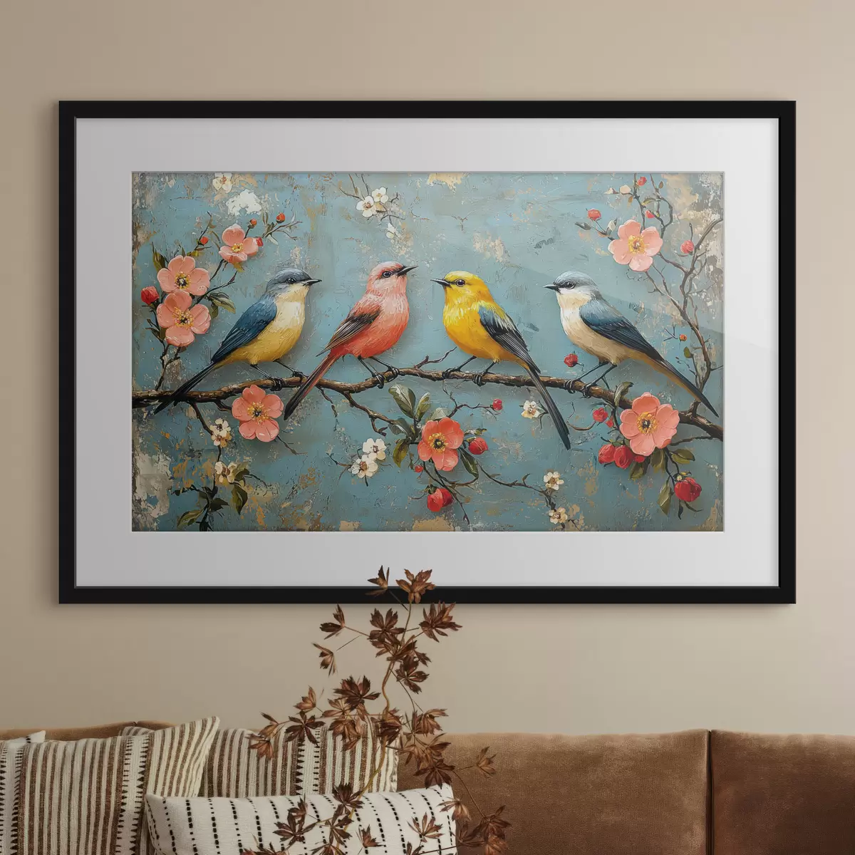 Poster Pájaros en una rama de sakura al estilo de la pintura al óleo f41834