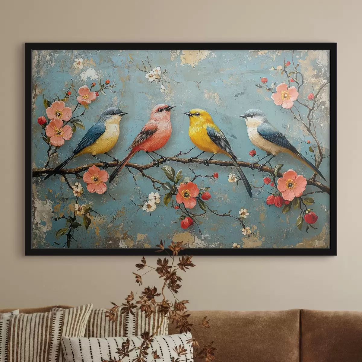Poster Pájaros en una rama de sakura al estilo de la pintura al óleo f41834