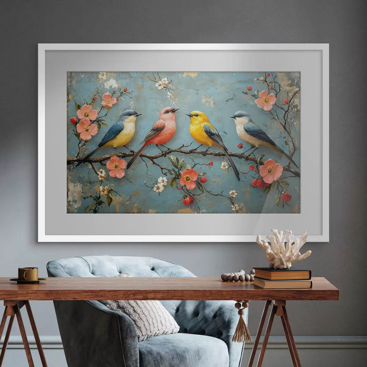 Poster Pájaros en una rama de sakura al estilo de la pintura al óleo f41834
