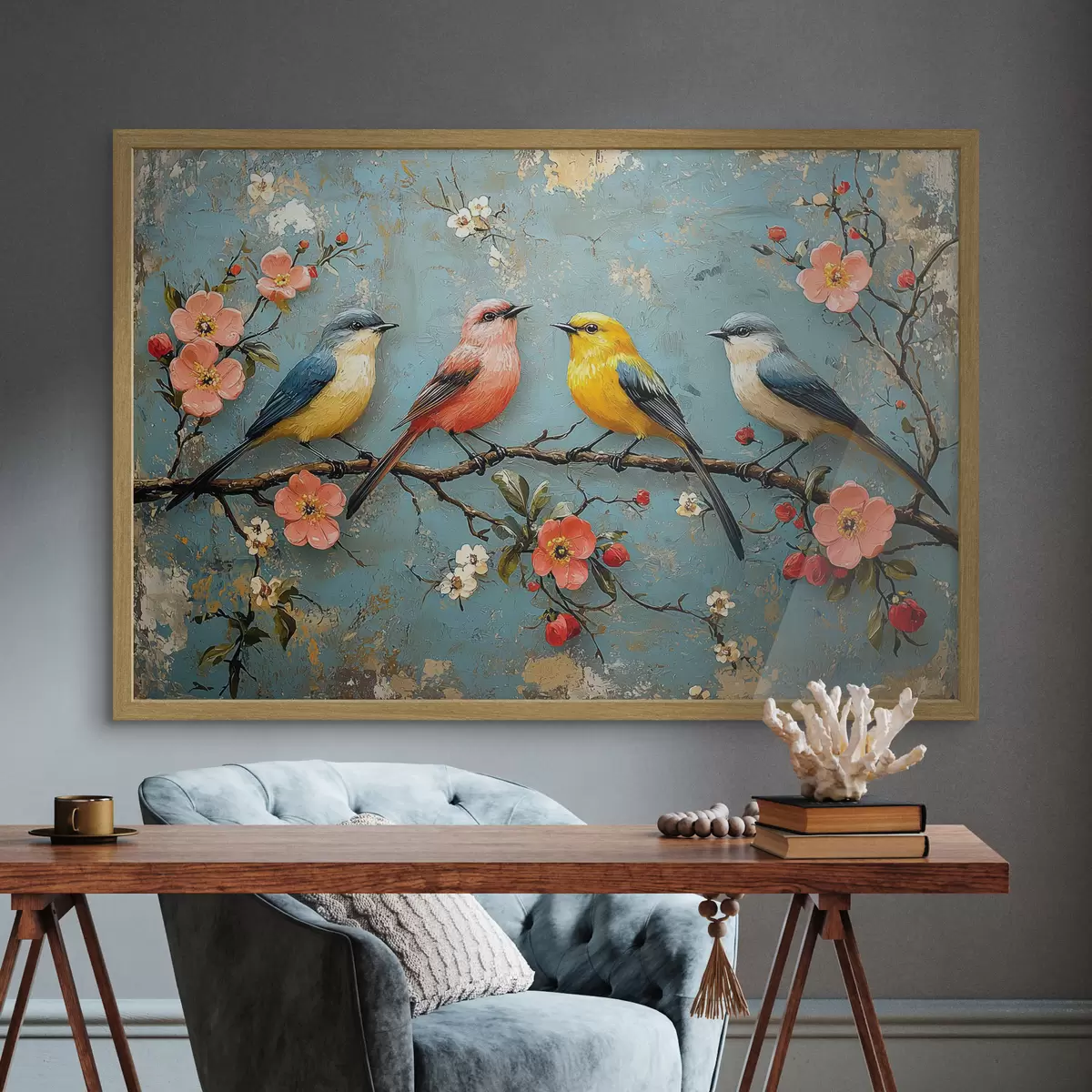 Poster Pájaros en una rama de sakura al estilo de la pintura al óleo f41834