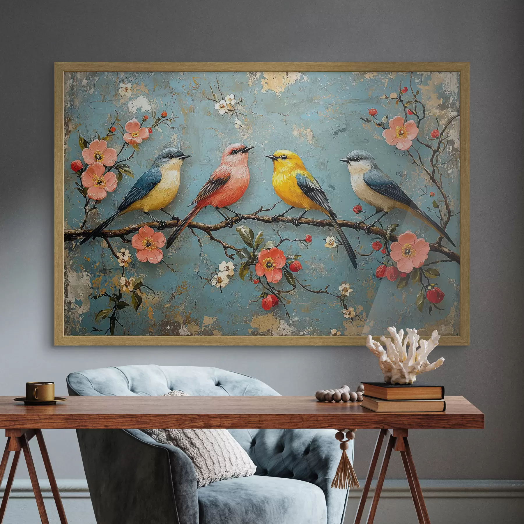 murales de pared Pájaros en una rama de sakura al estilo de la pintura al óleo f41834
