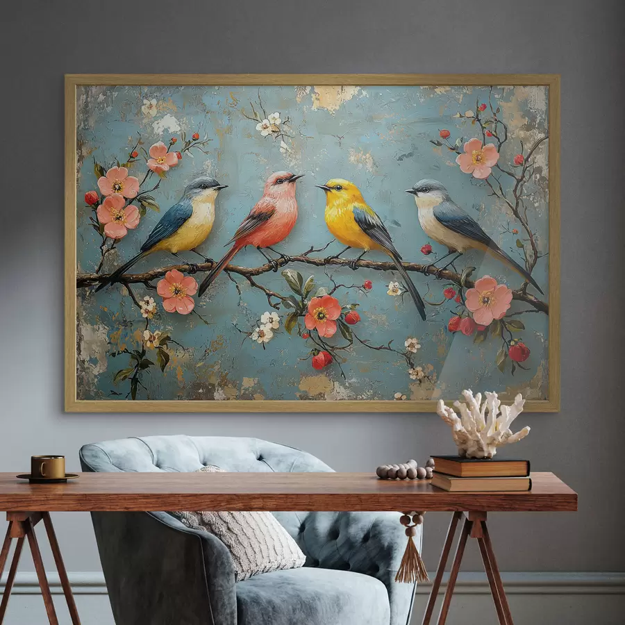 murales de pared Pájaros en una rama de sakura al estilo de la pintura al óleo f41834