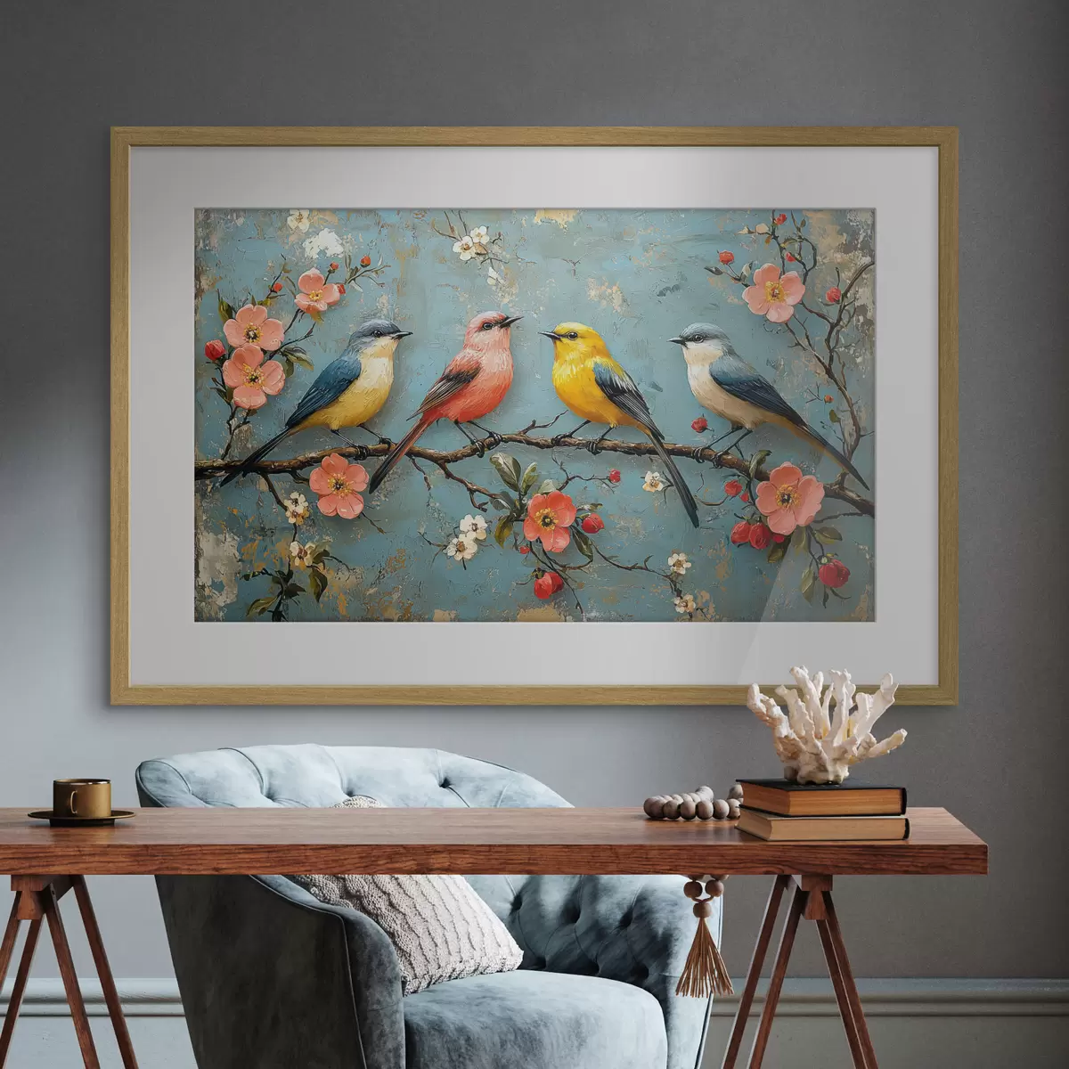 Poster Pájaros en una rama de sakura al estilo de la pintura al óleo f41834