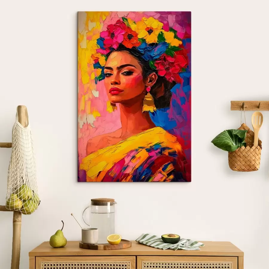 murales de pared Una mujer adornada con una brillante corona floral sobre un fondo colorido s41809