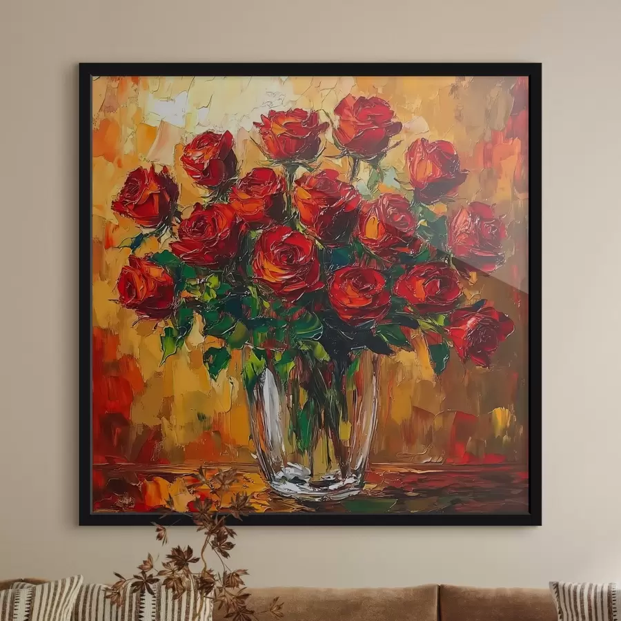 murales de pared Rosas rojas en un jarrón transparente sobre un fondo cálido f41816