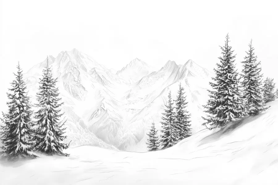 murales de pared Montañas nevadas, dibujo a lápiz, minimalismo, bosque, naturaleza w02351