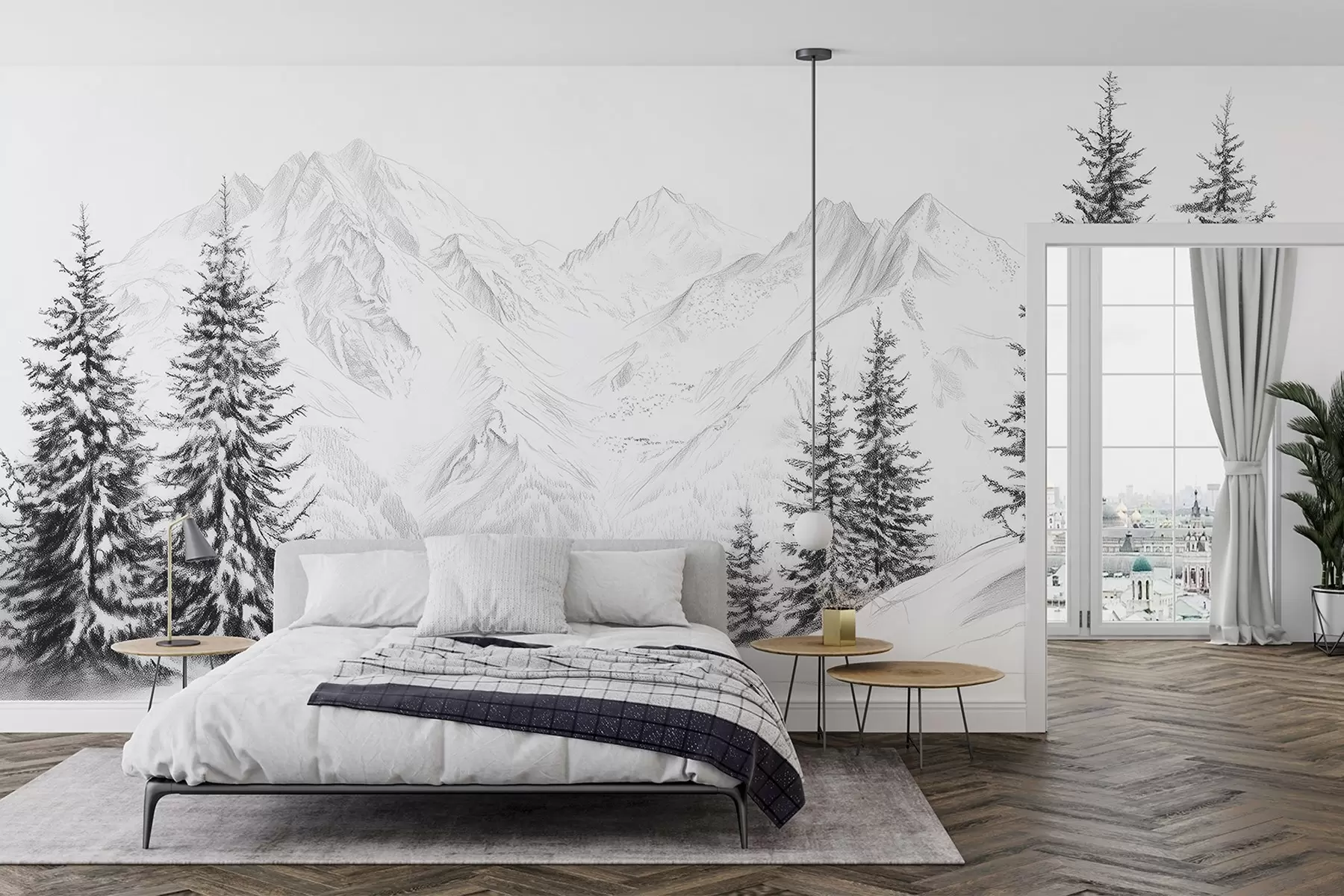 murales de pared Montañas nevadas, dibujo a lápiz, minimalismo, bosque, naturaleza w02351