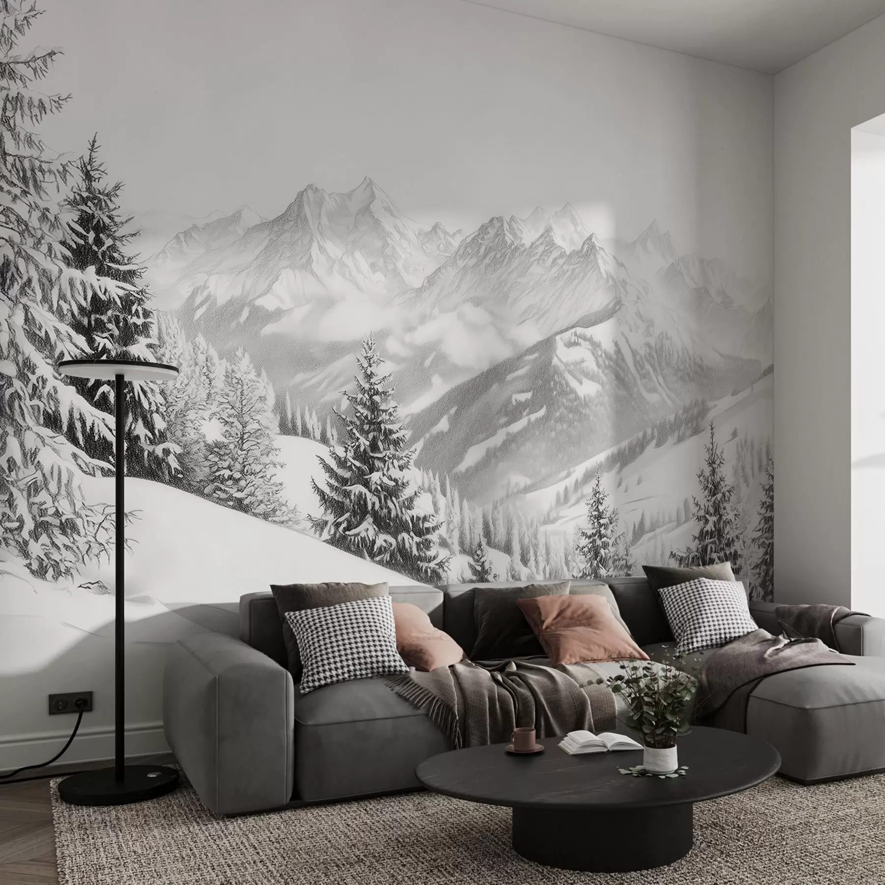 murales de pared Invierno en las montañas, bosque, Alpes, dibujo a lápiz, paisajes de naturaleza w02353