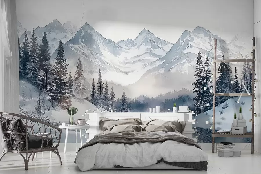 murales de pared Montañas con lago, invierno, bosque, cielo al atardecer, naturaleza w02357