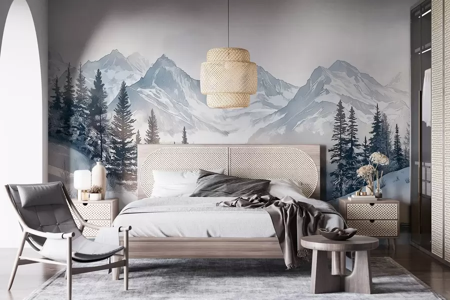 murales de pared Montañas con lago, invierno, bosque, cielo al atardecer, naturaleza w02357