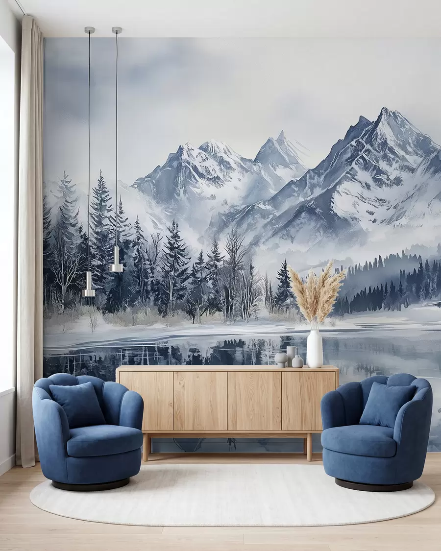 murales de pared Los Alpes nevados, bosque invernal, lago helado, paleta de colores azules  w02358