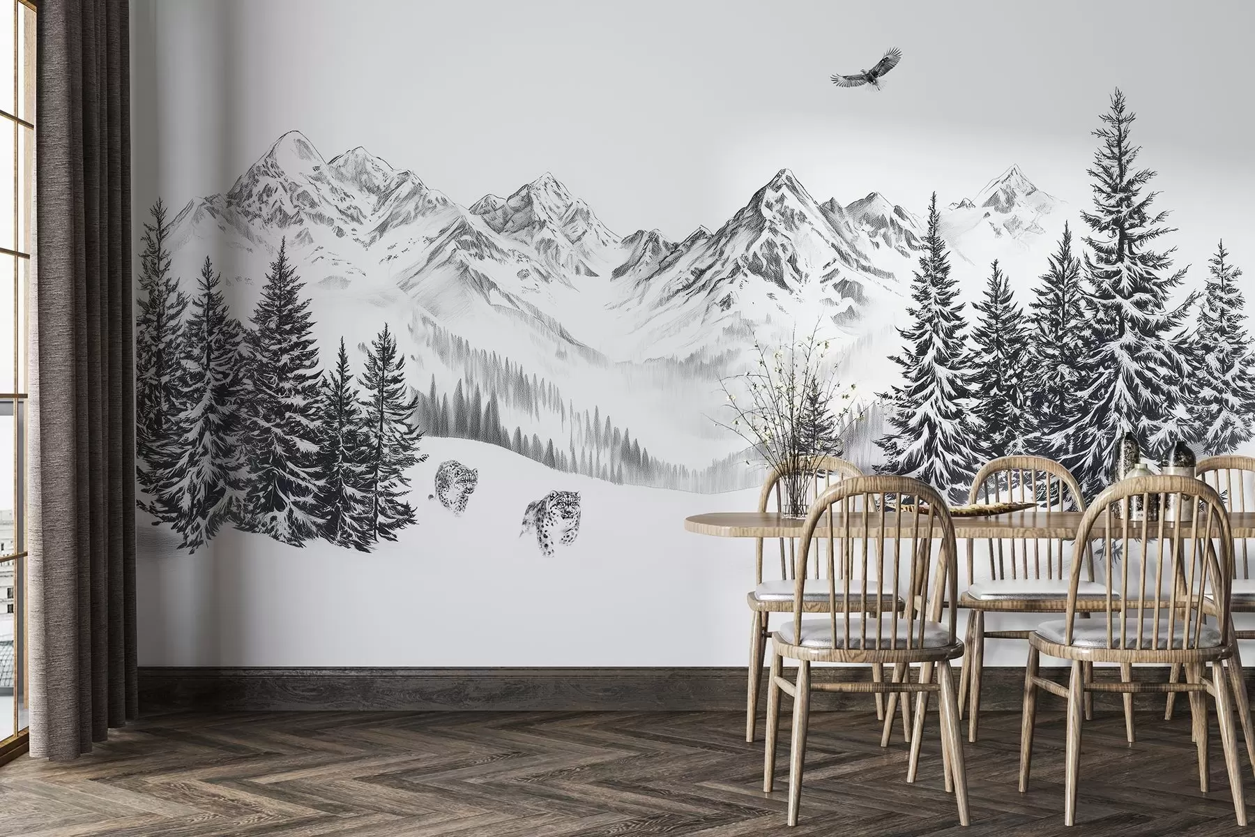 murales de pared Montañas invernales, leopardos de las nieves, bosque de pinos, dibujo a lápiz, águila volando w02360