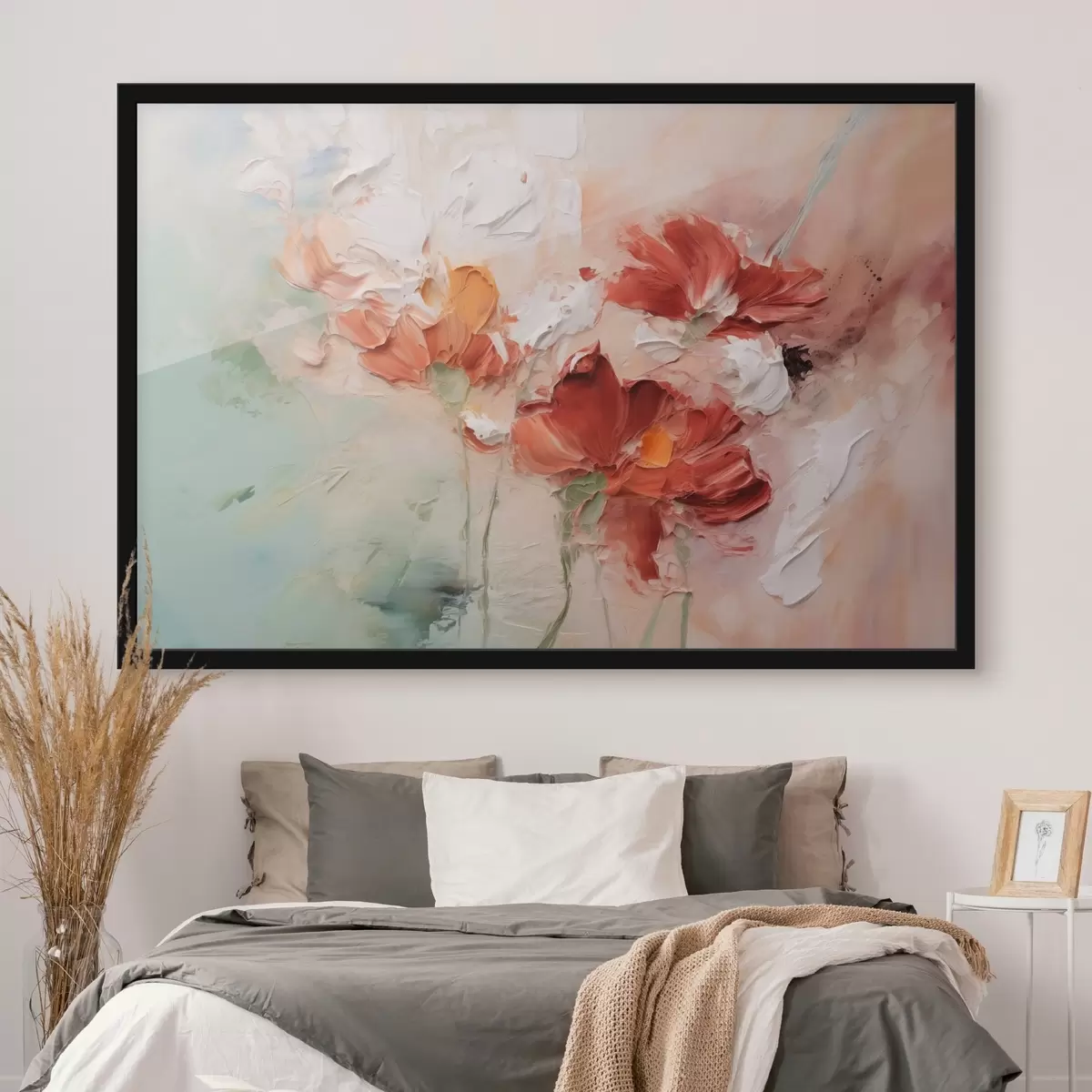 Poster Composición abstracta de flores, pincelada de imitación, tonos verdes, rojos f41852