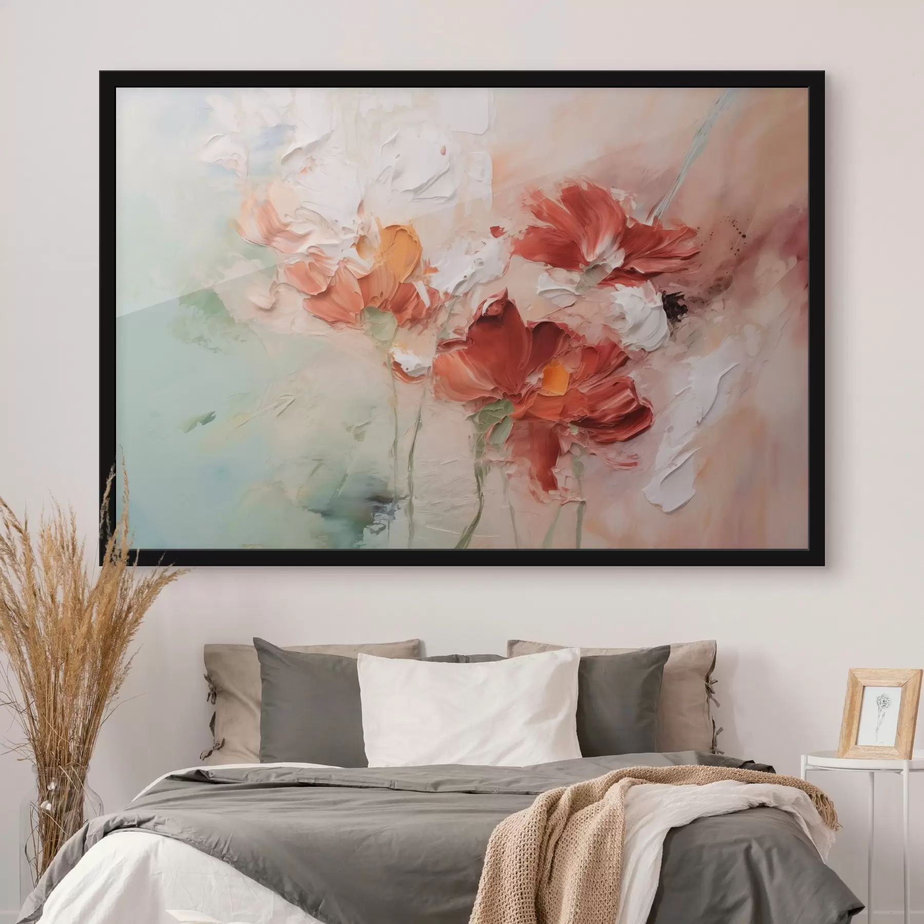 murales de pared Composición abstracta de flores, pincelada de imitación, tonos verdes, rojos f41852