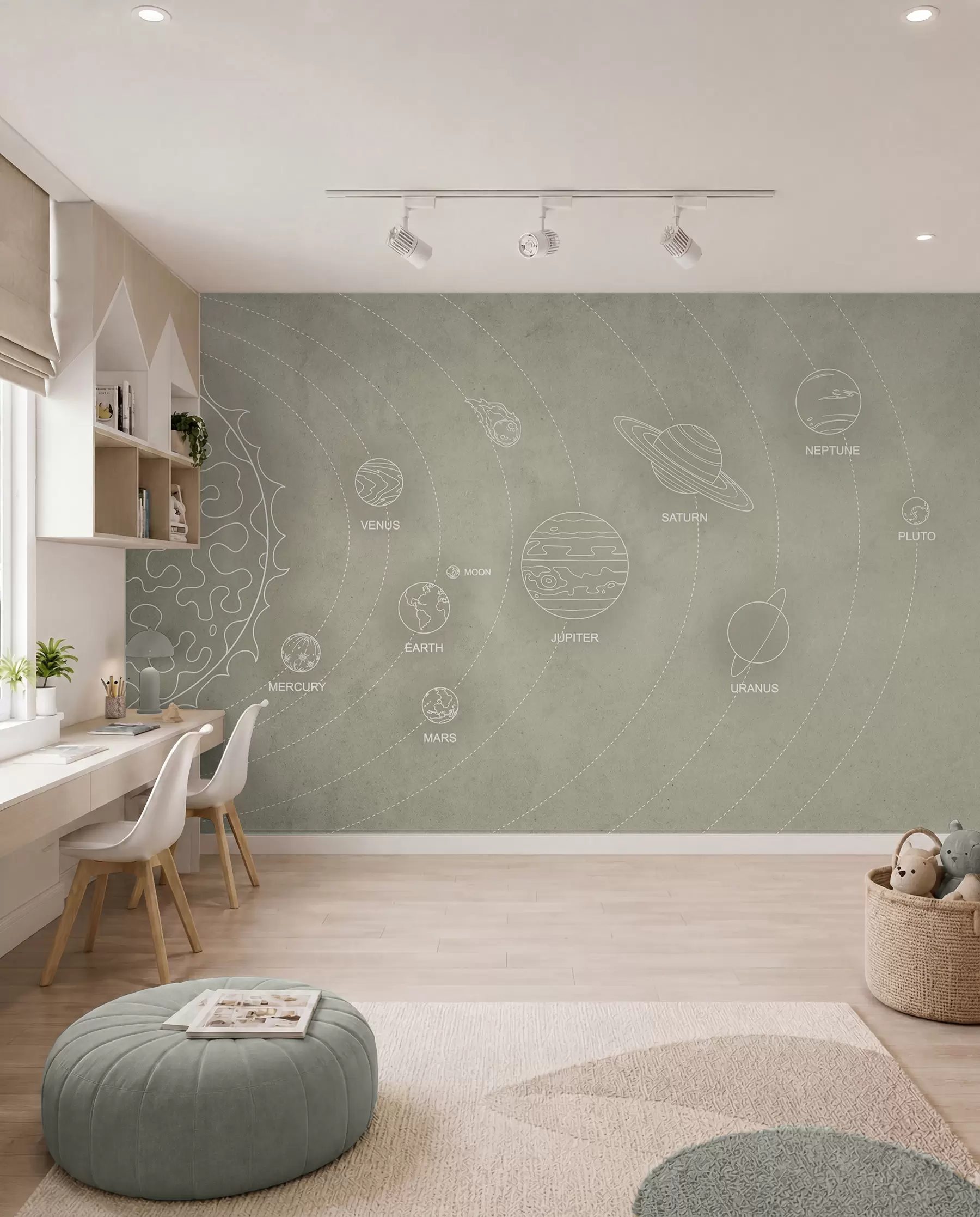 murales de pared Sistema solar de estilo minimalista sobre un fondo de textura beige w02344