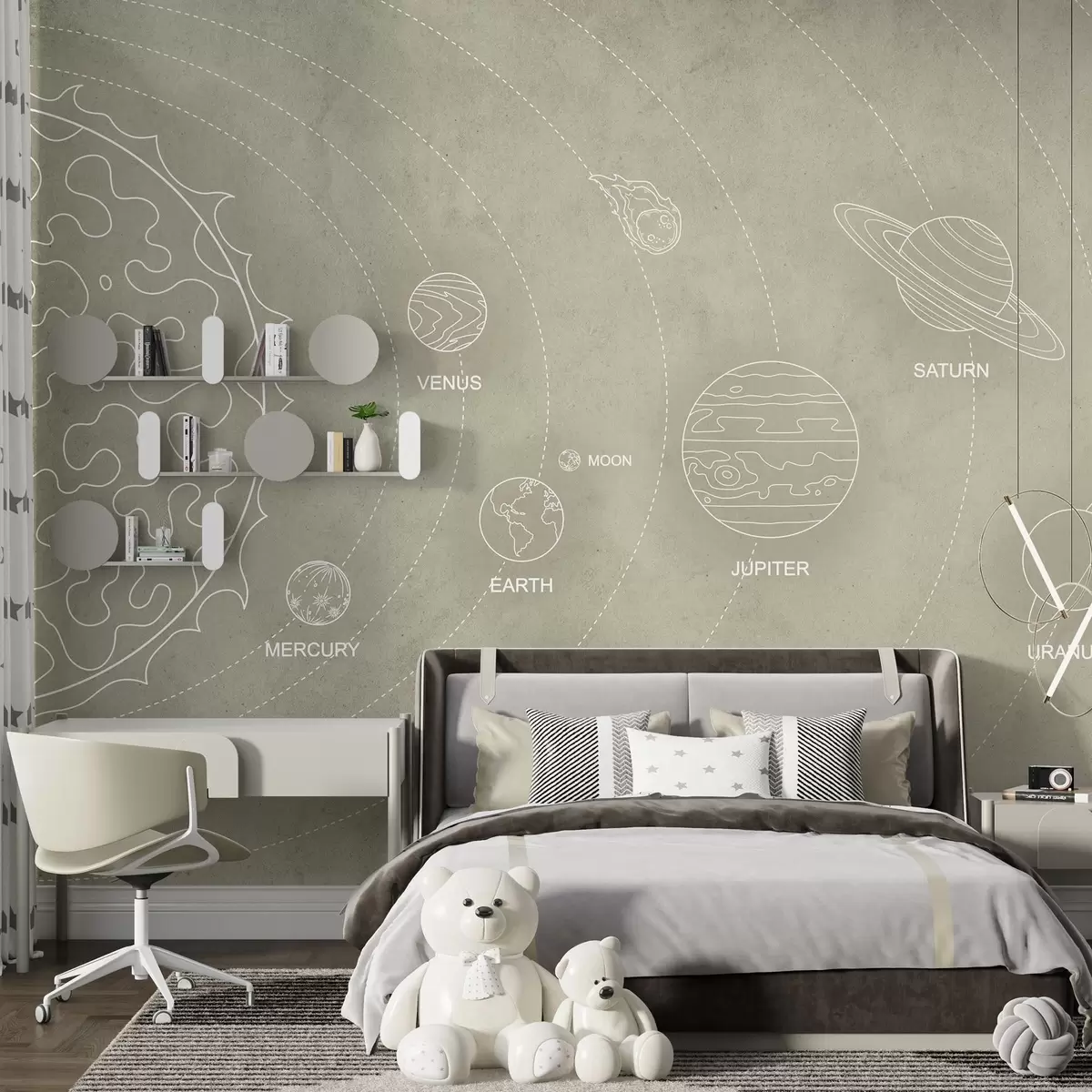 murales de pared Sistema solar de estilo minimalista sobre un fondo de textura beige w02344