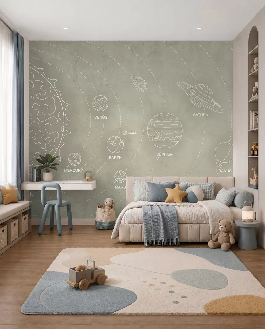 murales de pared Sistema solar de estilo minimalista sobre un fondo de textura beige w02344