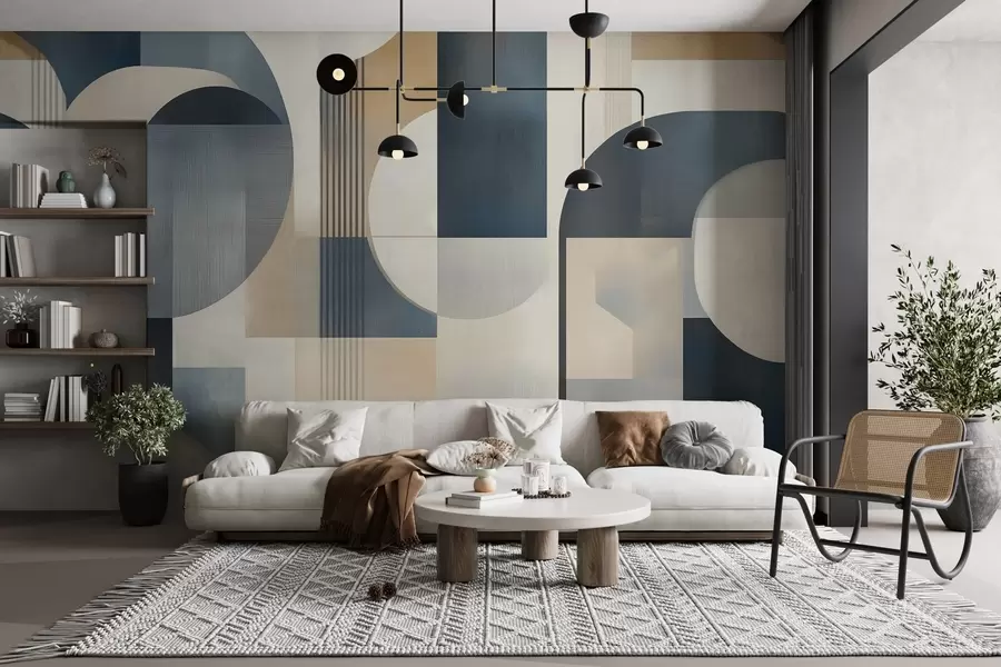 murales de pared Papel pintado Art Déco con motivos geométricos en tonos azules, beige y lechosos w02346