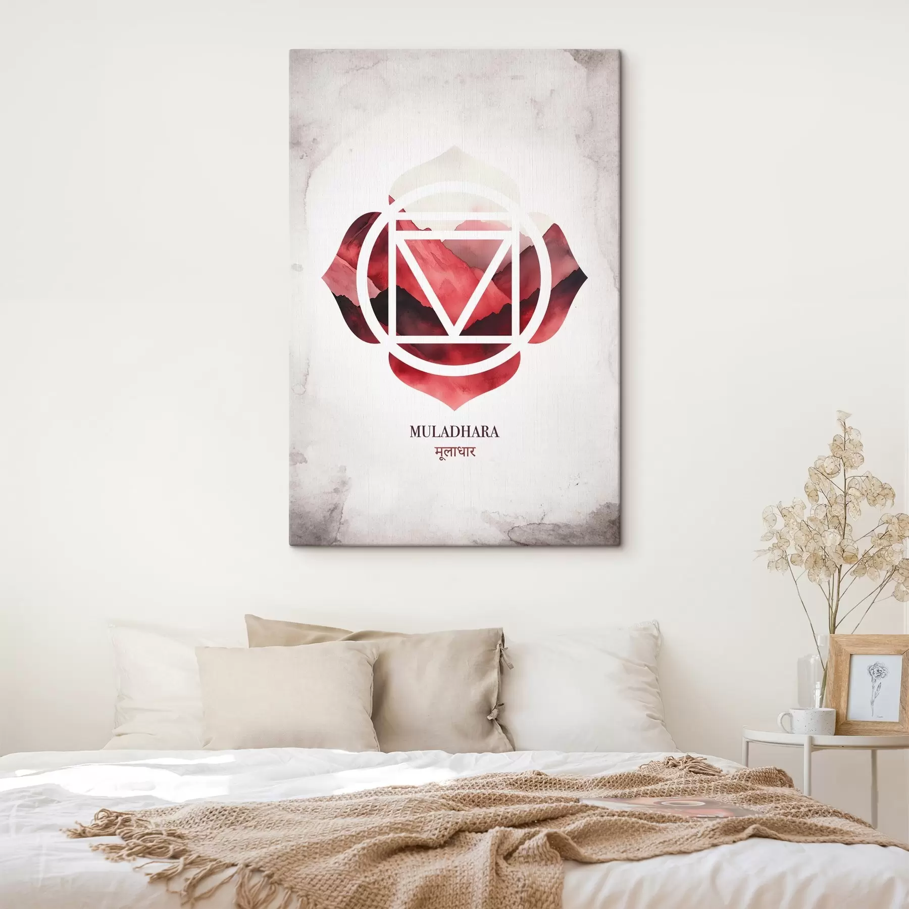murales de pared Muladhara chakra, chakra rojo, esotérico, meditación, budismo, montañas estilo acuarela s41880