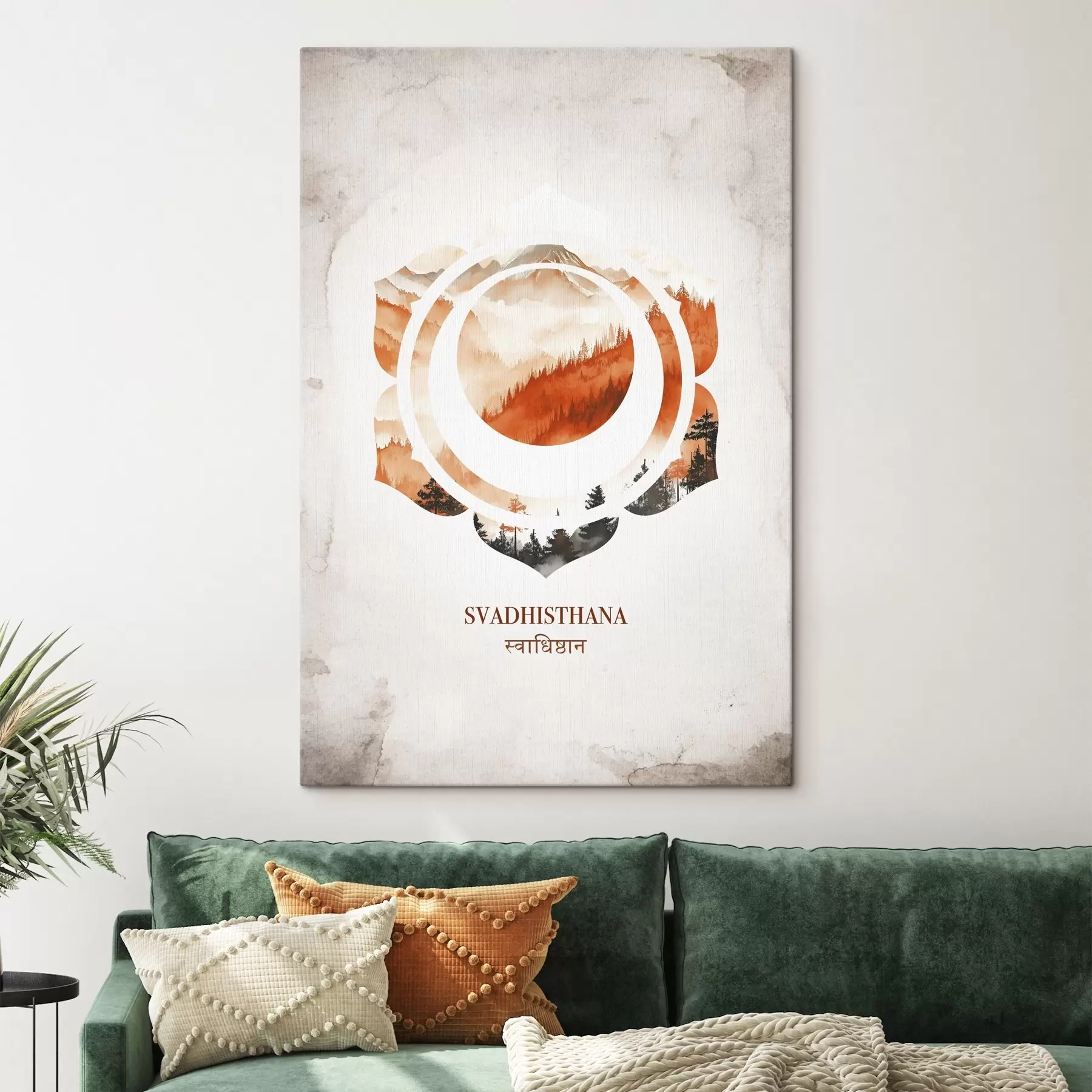murales de pared Svadhisthana chakra, chakra naranja, esotérico, meditación, budismo, montañas estilo acuarela s41881