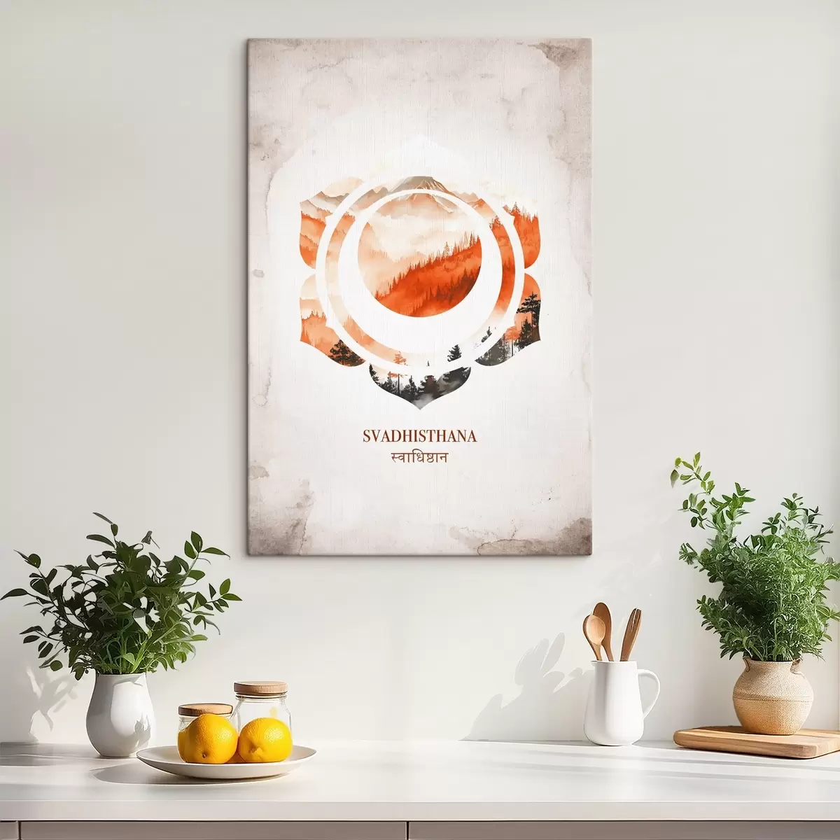 murales de pared Svadhisthana chakra, chakra naranja, esotérico, meditación, budismo, montañas estilo acuarela s41881