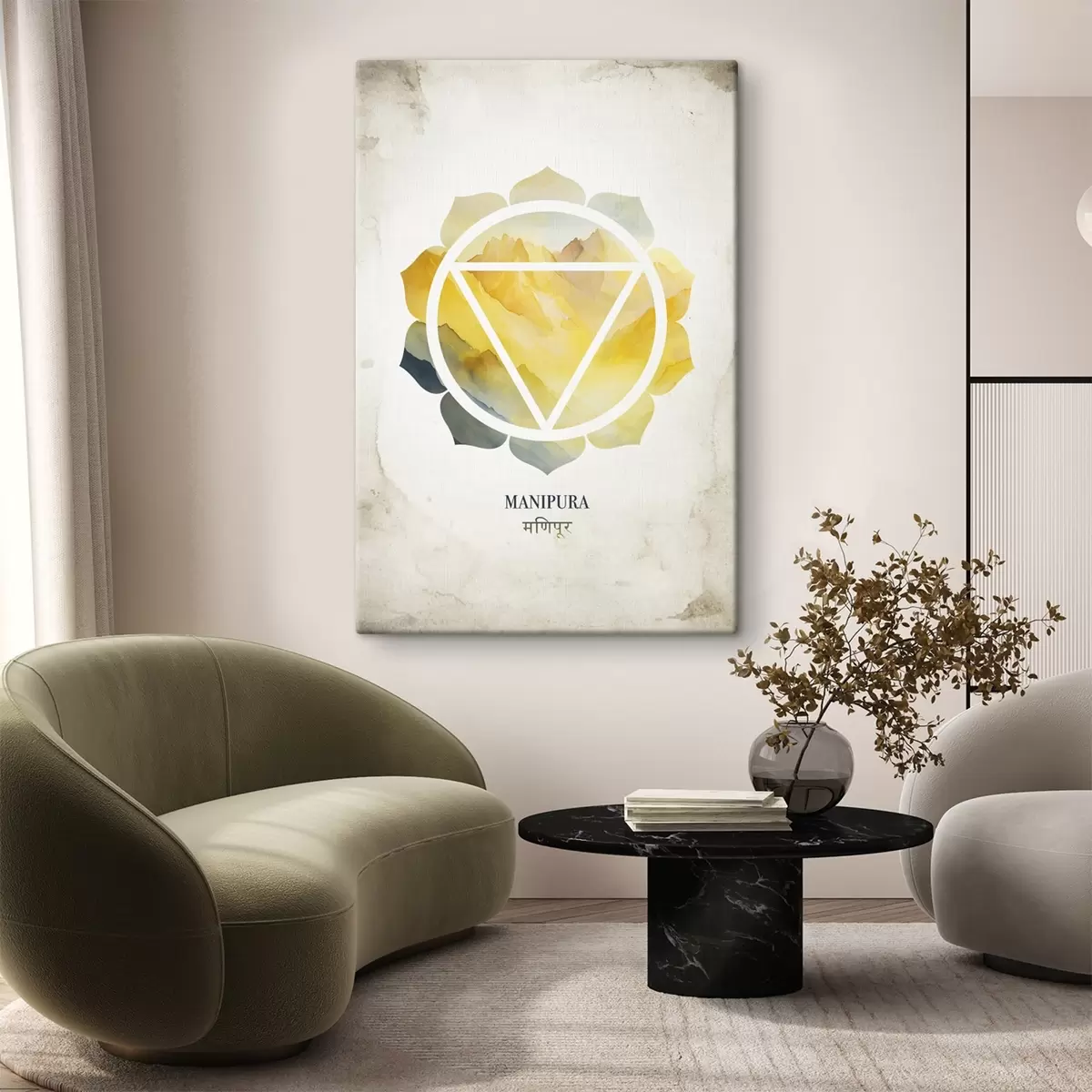 murales de pared Manipura chakra, chakra amarillo, esotérico, meditación, budismo, montañas estilo acuarela s41882